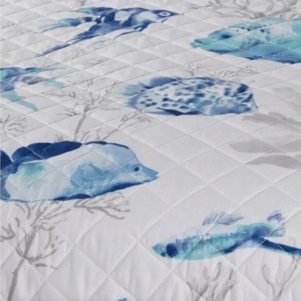 9pc Nicole Miller Blue Fish Coral Ocean QUEEN Quilt Set Sham Sheet Throw Pillow